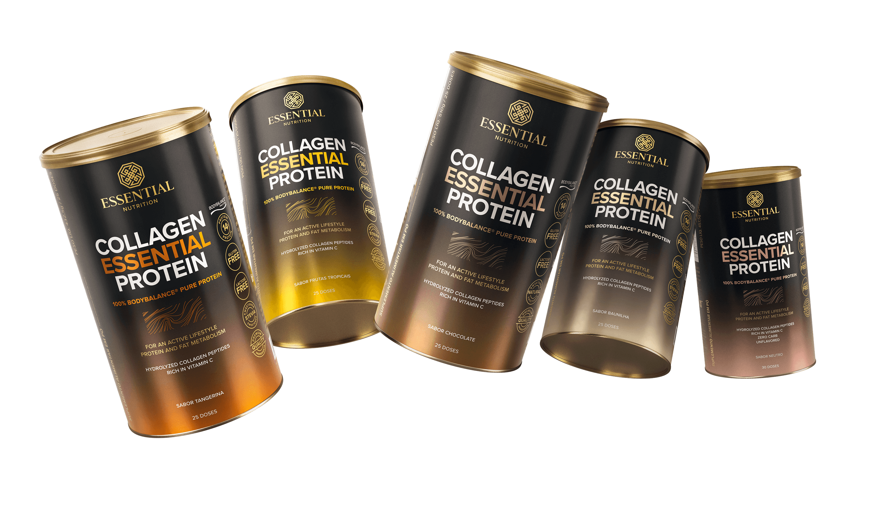 Latas com os sabores dos Collagen Essential Protein