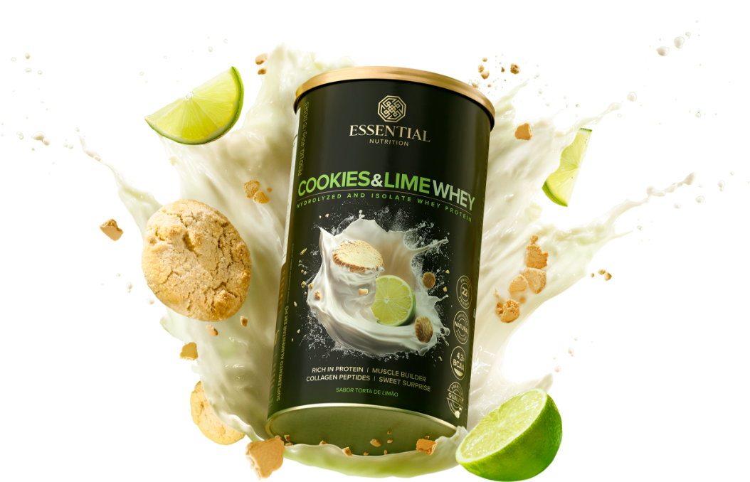 Explosão de sabor do novo whey hidrolisado e isolado sabor cookies & lime da Essential Nutrition