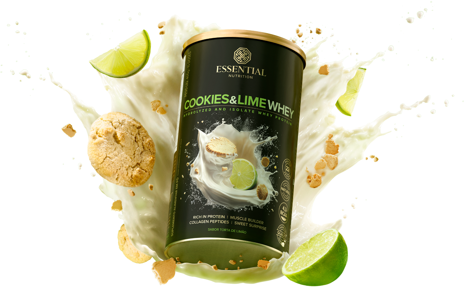 Explosão de sabor do novo whey hidrolisado e isolado sabor cookies & lime da Essential Nutrition