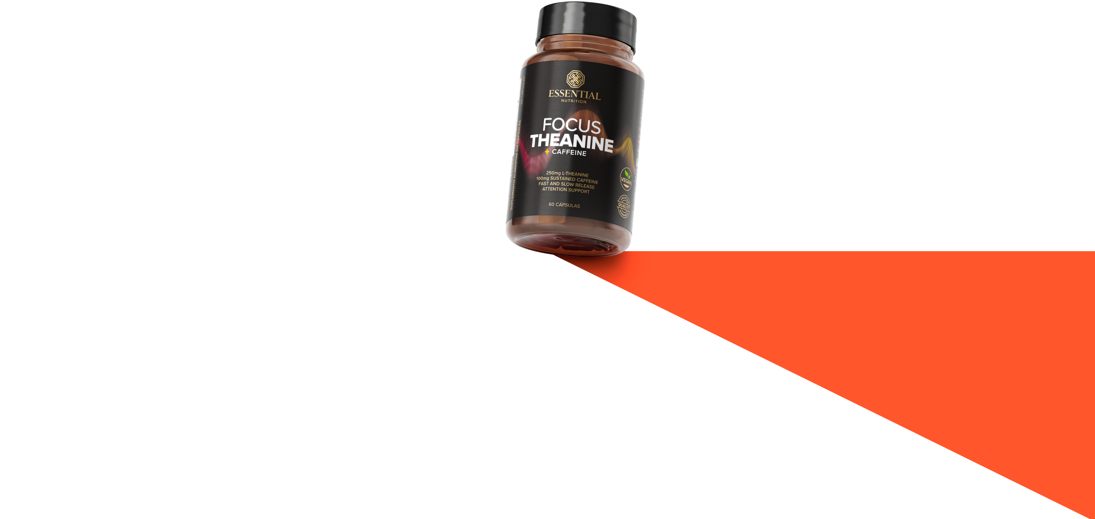 Imagem do pote Focus Theanine com fundo preto e laranja, evidenciando a estética da composição.