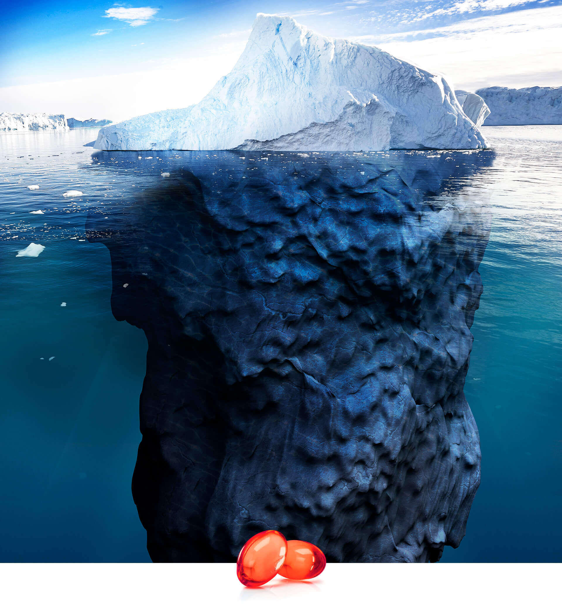 Iceberg flutuando ao fundo de capsulas de Óleo de Krill Essential