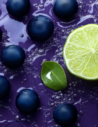 Jabuticaba, limão e água dispostos sobre uma superfície roxa, criando uma composição fresca e vibrante.