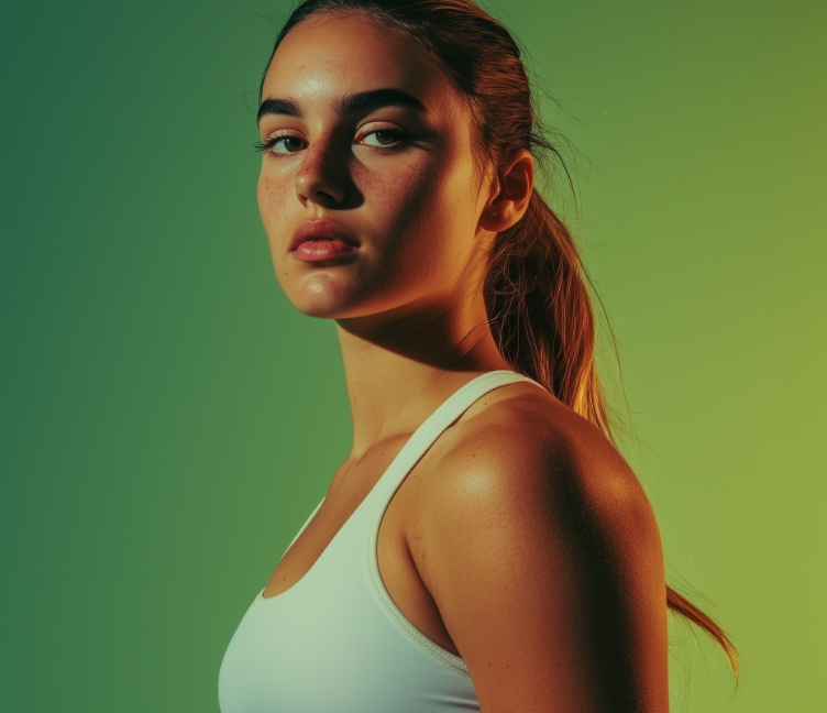 Retrato de uma jovem bonita em traje esportivo, com fundo verde vibrante, transmitindo energia e vitalidade.